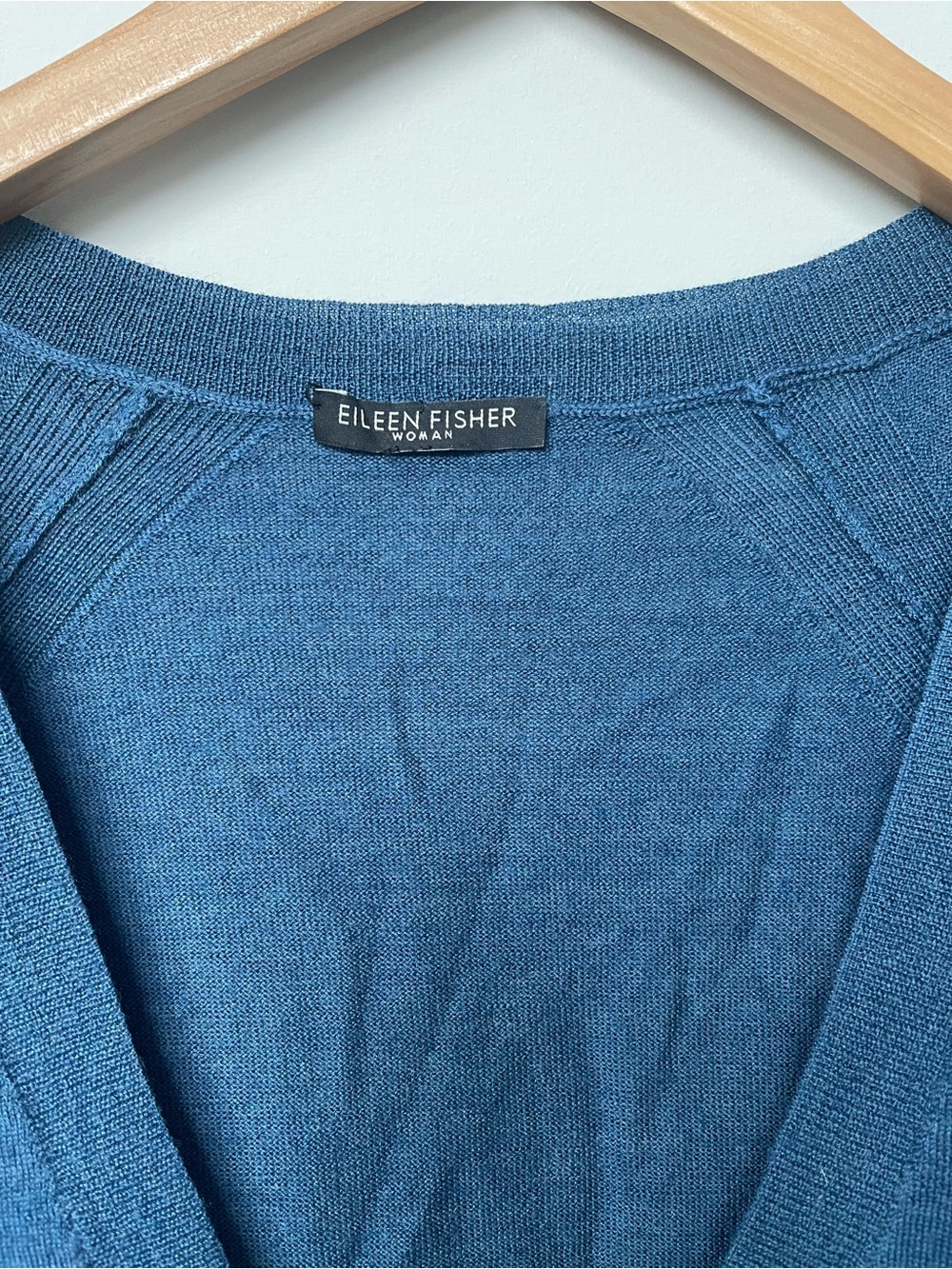 Eileen Fisher | Blue V Neck Merino Wool Long Sleeve Sweater - Picture 6 of 8